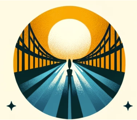 A figure walking across a bridge into the sun